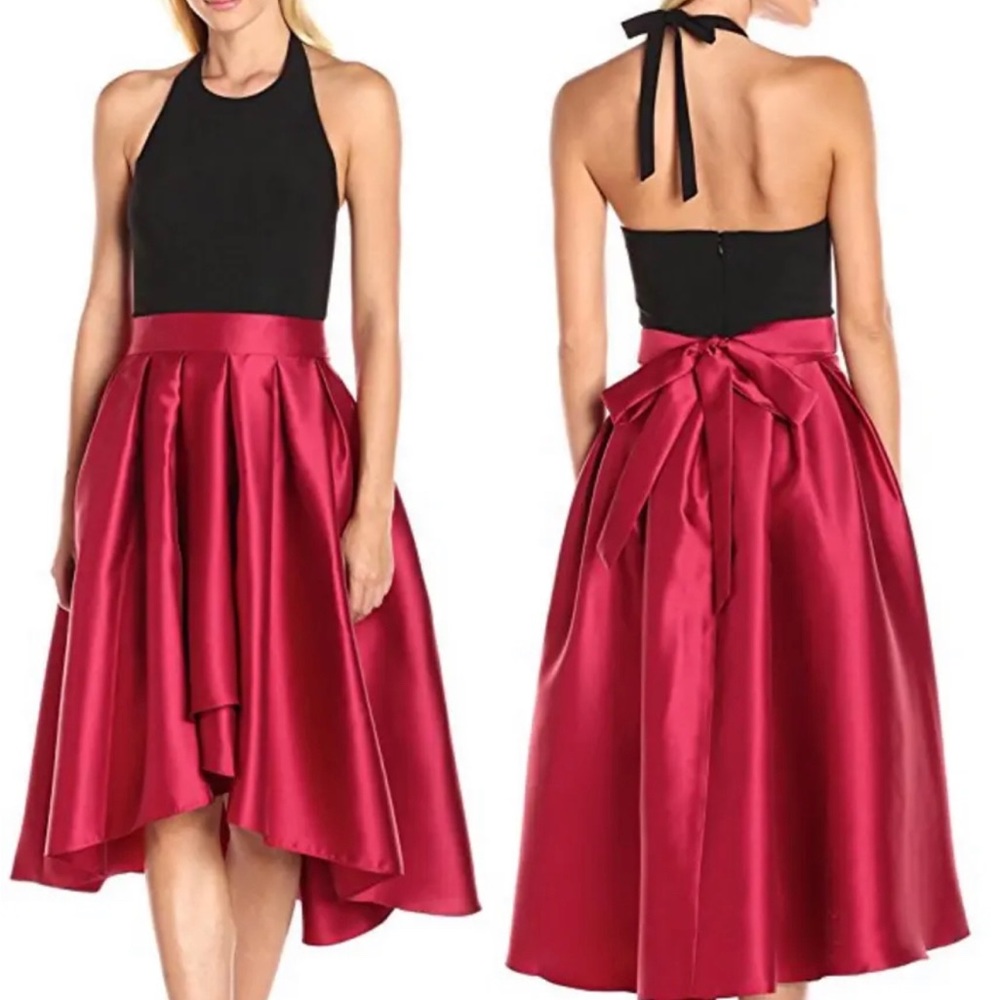 S.L. Fashions Black Knit Halter w/Scarlet Asymmetrical  Mikado Skirt Dress SZ 10